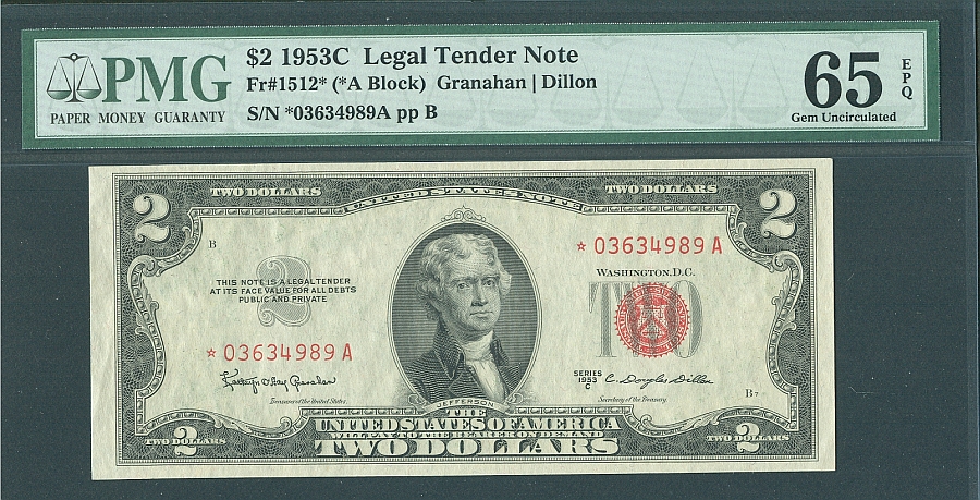 Fr.1512* (A Block) 1953C $2 Legal Tender Star Note, GemCU, PMG65-EPQ